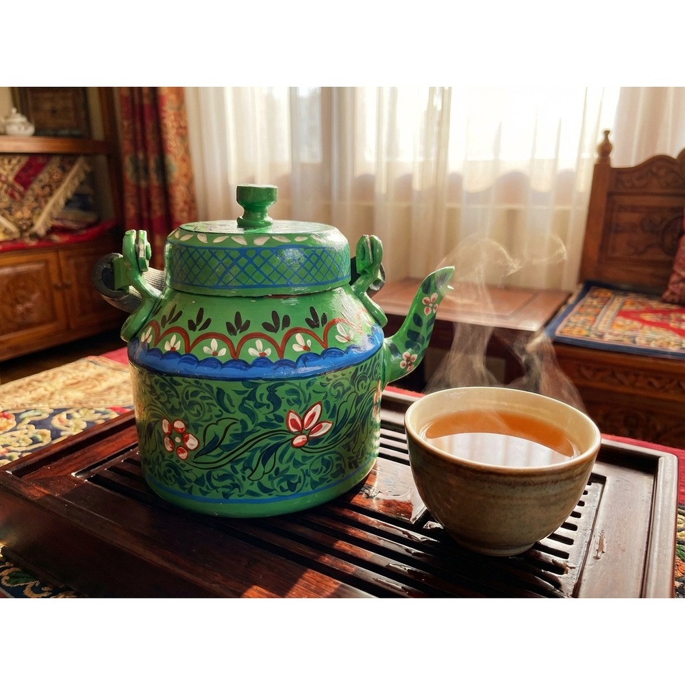 Hand Painted Green Teapot Traditional Folk Art Floral Design Decorative boho